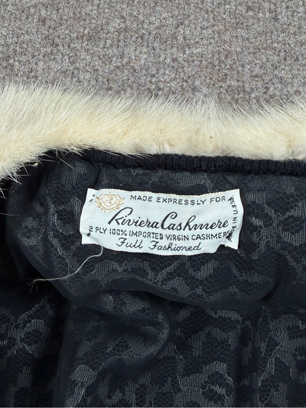 Vintage Black Cashmere Cropped Cardigan Sweater Women’s Small Mink Fur Collar - Picture 5 of 9